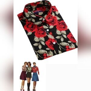 Premium quality rose floral long sleeve cotton button down shirt size S/M